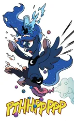 Size: 619x1011 | Tagged: safe, artist:tonyfleecs, derpibooru import, idw, princess luna, alicorn, pony, friends forever, spoiler:comic, cup, epic fail, fail, female, food, image, jpeg, marbles, mare, onomatopoeia, punch (drink), punch bowl, simple background, solo, whipped cream, white background, whoopee cushion