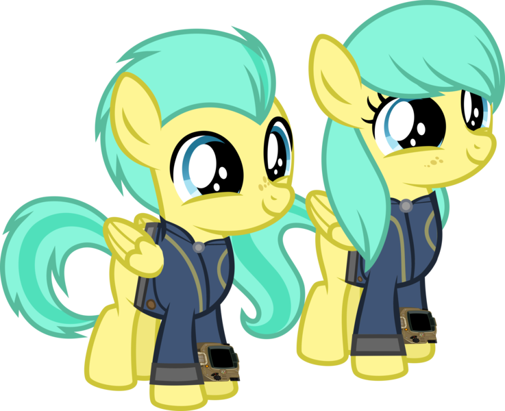 Size: 6138x5000 | Tagged: safe, artist:ponygamer2020, derpibooru import, barley barrel, pickle barrel, pegasus, pony, fallout equestria, rainbow roadtrip, absurd resolution, barleybetes, barrel twins, brother and sister, clothes, colt, cute, duo, fallout, female, filly, foal, freckles, image, jumpsuit, male, picklebetes, pipboy, png, puppy dog eyes, siblings, simple background, transparent background, twins, vault suit, vector