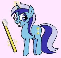 Size: 431x414 | Tagged: safe, artist:kleyime, derpibooru import, minuette, pony, unicorn, image, looking at you, magic, png, simple background, smiling, solo, telekinesis, toothbrush