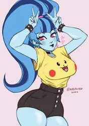 Size: 1754x2480 | Tagged: safe, artist:nire, derpibooru import, sonata dusk, pikachu, equestria girls, armpits, big breasts, bracelet, breasts, busty sonata dusk, choker, clothes, curvy, double peace sign, ear piercing, earring, floating heart, heart, image, jewelry, peace sign, piercing, png, pokémon, ponytail, shorts, simple background, spiked wristband, thighs, wide hips, wristband