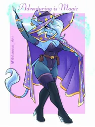 Size: 1800x2400 | Tagged: safe, artist:ambris, derpibooru import, trixie, anthro, unicorn, adventuring is magic, bedroom eyes, belt, boots, breasts, busty trixie, cape, clothes, corset, dungeons and dragons, ear piercing, earring, eyeshadow, fantasy class, female, fishnets, grin, hat, high heel boots, horn, horn ring, image, jewelry, jpeg, leonine tail, leotard, magic, magic wand, makeup, pen and paper rpg, piercing, pouch, ring, rpg, shoes, smiling, solo, tail, thigh boots, trixie's cape, trixie's hat, wizard