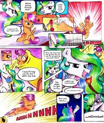 Size: 1720x2048 | Tagged: safe, artist:liaaqila, derpibooru import, princess celestia, scootaloo, alicorn, pegasus, pony, cannon, comic, duo, evil grin, fire, fuse, glow, glowing horn, grin, horn, image, jpeg, lever, magic, pony cannonball, pure unfiltered evil, scootaloo can't fly, smiling, telekinesis, this will end in a trip to the moon, to the moon, trap (device), trapdoor, trollestia, twinkle in the sky, waving