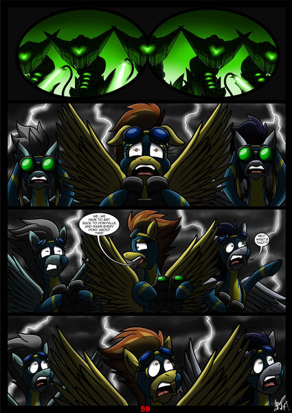 Size: 1280x1808 | Tagged: semi-grimdark, artist:darklamprey, derpibooru import, spitfire, comic:equestria's war of the worlds, binoculars, crossover, dialogue, horror, image, jpeg, lightning, open mouth, scout, storm, the war of the worlds, wide eyes, wonderbolts, word balloon