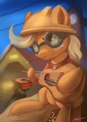 Size: 3000x4200 | Tagged: safe, artist:auroriia, derpibooru import, applejack, earth pony, pony, engineer, female, freckles, guitar, helmet, high res, image, mare, musical instrument, png, sentry, solo, team fortress 2, valve, video game crossover