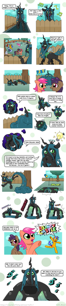 Size: 1640x7585 | Tagged: safe, artist:tuft, derpibooru import, queen chrysalis, oc, changeling, changeling queen, earth pony, pegasus, pony, unicorn, balloon, bouncy castle, comic, dialogue, female, fence, image, imminent vore, menacing, png, stomach noise, transformation, tree