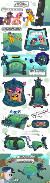 Size: 1640x5960 | Tagged: questionable, artist:tuft, derpibooru import, copper top, queen chrysalis, changeling, changeling queen, earth pony, pegasus, pony, unicorn, abdominal bulge, bouncy castle, comic, dialogue, female, foreshadowing, image, png, transformation, vore, x-ray