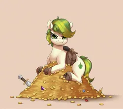 Size: 2048x1820 | Tagged: safe, artist:aquaticvibes, derpibooru import, oc, oc:karakusa, unofficial characters only, pony, bag, boots, clothes, female, filly, foal, gem, glare, gold, image, jpeg, loot, saddle bag, shoes, sitting, treasure