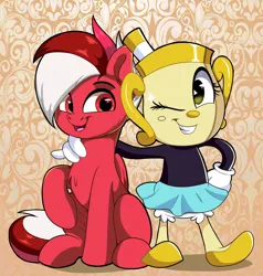 Size: 2470x2600 | Tagged: safe, artist:joaothejohn, derpibooru import, oc, oc:flamebrush, pegasus, pony, clothes, cuphead, cute, fingers, hug, image, looking at each other, looking at someone, ms. chalice, one eye closed, pegasus oc, png, simple background, sitting, wings, wink