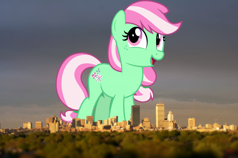 Size: 1279x851 | Tagged: safe, artist:jaredking779, artist:jhayarr23, derpibooru import, minty, earth pony, pony, background pony, boston, female, giant pony, giant/macro earth pony, giantess, highrise ponies, image, irl, jpeg, macro, mare, massachusetts, mega giant, open mouth, photo, ponies in real life, recolor, smiling, solo