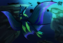 Size: 2360x1640 | Tagged: safe, derpibooru import, oc, unofficial characters only, fish, hybrid, original species, sea pony, crepuscular rays, digital art, fin wings, fins, fish tail, green eyes, horns, image, manta ray, ocean, png, seaweed, solo, spread wings, sunlight, swimming, tail, underwater, water, wings