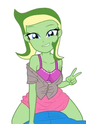 Size: 3455x5000 | Tagged: suggestive, artist:charliexe, artist:didgereethebrony, artist:grapefruitfacebases, derpibooru import, oc, oc:boomerang beauty, human, equestria girls, base used, bra, breasts, clothes, image, looking at you, offscreen character, peace sign, png, pov, simple background, skirt, trace, transparent background, underwear, undressing