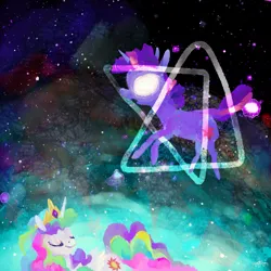 Size: 5000x5000 | Tagged: dead source, safe, artist:cygaj, derpibooru import, princess celestia, twilight sparkle, alicorn, pony, unicorn, absurd file size, absurd resolution, glow, glowing eyes, image, png, space, unicorn twilight