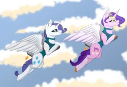 Size: 580x400 | Tagged: safe, artist:bubbastudios, derpibooru import, pipp petals, rarity, alicorn, alicornified, clothes, flying, g5, image, jetpack, jpeg, leotard, pippcorn, race swap, raricorn, sky, sky background