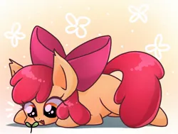Size: 1451x1099 | Tagged: safe, artist:namaenonaipony, derpibooru import, apple bloom, earth pony, pony, adorabloom, cute, female, filly, foal, image, jpeg, lying down, open mouth, prone, solo, sprout