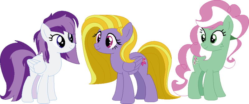 Size: 1033x433 | Tagged: safe, artist:selenaede, artist:victorfazbear, derpibooru import, lily blossom, minty, sugar grape, earth pony, pegasus, pony, alternate hairstyle, base used, blind bag, image, looking at each other, looking at someone, png, simple background, smiling, toy, transparent background