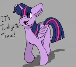 Size: 2436x2160 | Tagged: safe, artist:aliceg, derpibooru import, twilight sparkle, twilight sparkle (alicorn), alicorn, pony, folded wings, image, it's morbin time, jpeg, open mouth, open smile, raised hoof, simple background, smiling, solo, talking, text, walking, wings