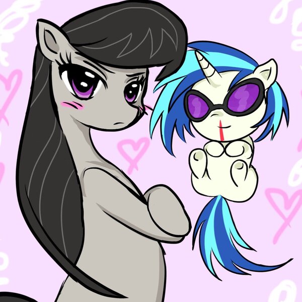 Size: 995x995 | Tagged: safe, artist:ponysprinkles, derpibooru import, octavia melody, vinyl scratch, earth pony, pony, semi-anthro, unicorn, blood, blushing, bust, crossed hooves, duo, duo female, female, heart, heart background, horn, image, jpeg, looking at you, mare, nosebleed, pink background, simple background, underhoof