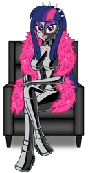 Size: 2670x5203 | Tagged: suggestive, artist:severity-gray, derpibooru import, twilight sparkle, human, equestria girls, armchair, bdsm, bedroom eyes, blushing, bondage, boots, breasts, chair, choker, clothes, collar, corset, feather boa, gloves, hairband, hood, human coloration, image, latex, latex boots, latex gloves, latex suit, looking at you, mask, png, shoes, simple background, smiling, solo, spiked headband, transparent background
