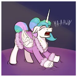 Size: 2000x2000 | Tagged: safe, artist:oldman, derpibooru import, princess celestia, alicorn, pony, bathrobe, clothes, eyes closed, floppy ears, frog (hoof), hair bun, horn, image, majestic as fuck, onomatopoeia, open mouth, png, robe, simple background, sketch, solo, stretching, underhoof, wings, yawn