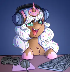 Size: 2976x3092 | Tagged: safe, artist:witchtaunter, derpibooru import, oc, oc:donut daydream, pony, unicorn, chest fluff, commission, computer mouse, controller, desk, donut, female, food, gamer, happy, headphones, horn, image, keyboard, mare, mousepad, png, smiling, solo, sprinkles, the uses of unicorn horns