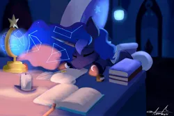 Size: 3000x2000 | Tagged: safe, artist:aurorafang, derpibooru import, princess luna, alicorn, pony, bedroom, book, candle, constellation, desk, image, jpeg, sleeping, solo