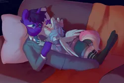 Size: 1507x1009 | Tagged: safe, artist:enderselyatdark, derpibooru import, oc, oc:blazey sketch, oc:trey, unofficial characters only, pegasus, unicorn, blanket, blue eyes, blue suit, blushing, bow, clothes, couch, couple, cuddling, duo, eyes closed, grey fur, hair bow, horn, image, jpeg, multicolored hair, pegasus oc, purple fur, purple hair, shorts, simple background, smiling, socks, sweater, thigh highs, unicorn oc, wings