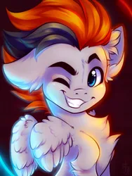 Size: 1200x1600 | Tagged: safe, artist:falafeljake, derpibooru import, oc, oc:sukko, unofficial characters only, pegasus, pony, chest fluff, commission, grin, image, male, neon, one eye closed, png, smiling, solo, stallion, wink, ych result