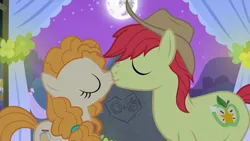 Size: 1920x1080 | Tagged: safe, derpibooru import, screencap, bright mac, pear butter, earth pony, pony, season 7, the perfect pear, 1080p, brightbutter, duo, female, image, kiss on the lips, kissing, male, mare, mare in the moon, moon, png, romance, shipping, shipping fuel, stallion, straight