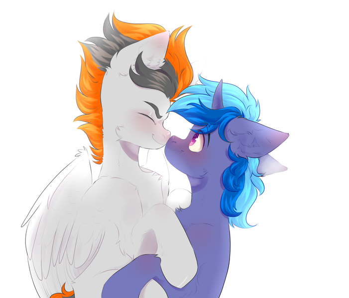 Size: 2508x2148 | Tagged: safe, artist:kisakkk, derpibooru import, oc, oc:midnight nova, oc:sukko, unofficial characters only, pegasus, pony, unicorn, blushing, boop, commission, cute, gay, image, male, noseboop, nuzzling, oc x oc, png, shipping, simple background, stallion, white background, ych result