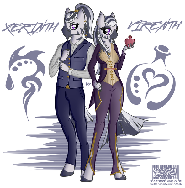 Size: 899x915 | Tagged: safe, artist:virenth, derpibooru import, oc, oc:virenth, oc:xerinth, anthro, unguligrade anthro, zebra, clothes, female, image, looking at you, male, png, potion, reference sheet, siblings, simple background, standing