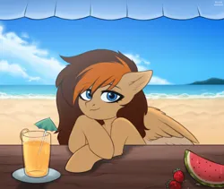 Size: 1920x1624 | Tagged: safe, artist:alune, derpibooru import, oc, oc:aerion featherquill, unofficial characters only, pegasus, pony, beach, commission, drink, female, food, image, looking at you, mare, ocean, png, solo, table, umbrella, water, watermelon, ych result