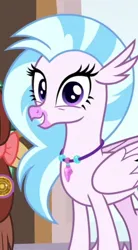 Size: 406x736 | Tagged: safe, derpibooru import, screencap, silverstream, yona, classical hippogriff, hippogriff, yak, a matter of principals, cropped, cute, diastreamies, image, jewelry, looking at you, necklace, offscreen character, png, solo focus