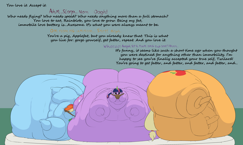 Size: 3472x2070 | Tagged: questionable, semi-grimdark, artist:lupin quill, derpibooru import, applejack, rainbow dash, twilight sparkle, twilight sparkle (alicorn), alicorn, pegasus, pony, fanfic:feedbag, series:the feedbag six (weight gain), applefat, bad end, bag, belly, belly bed, belly button, belly on floor, big belly, bingo wings, blob, blushing, bondage, butt, chubby cheeks, dialogue, double chin, eating, fanfic art, fat, fat fetish, fat wings, feed bag, feeding, fetish, force feeding, huge belly, humiliation, image, immobile, implied queen chrysalis, impossibly large belly, imprisoned, kitchen eyes, large butt, lying down, magic, magic suppression, mattress, morbidly obese, muffled words, multichin, obese, offscreen character, panting, plot, png, poking, rainblob dash, rolls of fat, side, simple background, spoilers for another series, stretched cutie mark, teasing, the ass was fat, twibutt, twilard sparkle, underhoof, weight gain, weight gain sequence, wings