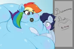 Size: 3000x2000 | Tagged: suggestive, artist:astrum, derpibooru import, rainbow dash, soarin', pegasus, pony, bingo wings, blushing, breasts, butt, chubby cheeks, digital art, donut, fanfic art, fat, fat boobs, fat fetish, fat legs, feedee, feeder, female, fetish, flabby chest, food, high res, image, jpeg, large butt, looking down, male, morbidly obese, mouth hold, neck roll, nervous, obese, rainblob dash, rainbutt dash, raised eyebrow, shipping, size difference, smiling, smothering, soarindash, squishy, straight, the ass was fat, tubby wubby pony waifu, wide eyes