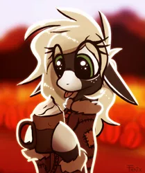 Size: 840x1006 | Tagged: safe, artist:fenixdust, derpibooru import, oc, oc:pepper, donkey, autumn, clothes, coffee, cute, female, image, jacket, png, pumpkin patch, pumpkin spice