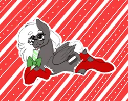 Size: 556x440 | Tagged: suggestive, artist:luna_mcboss, derpibooru import, oc, oc:double stuff, pegasus, candy, candy cane, christmas, christmas stockings, clothes, cookie, eating, feather, feathered wings, female, folded wings, food, glasses, gray coat, holiday, image, leg fluff, looking up, lying down, outline, pegasus oc, pepermint, png, red background, short tail, simple background, socks, solo, solo female, stockings, suggestive eating, tail, thigh highs, white mane, white outline, wings