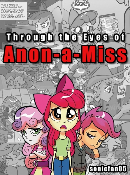 Size: 762x1024 | Tagged: safe, derpibooru import, idw, apple bloom, scootaloo, sweetie belle, human, fanfic, fanfic:through the eyes of anon-a-miss, equestria girls, spoiler:comic, spoiler:comicholiday2014, anon-a-miss, fanfic art, fanfic cover, image, jpeg