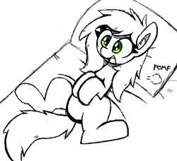 Size: 682x622 | Tagged: safe, artist:pizzahutjapan, derpibooru import, oc, oc:anonfilly, earth pony, pony, bed, female, filly, foal, image, ms paint, png, simple background, solo, white background