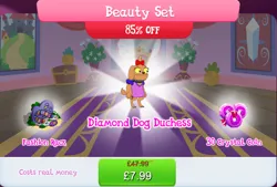 Size: 1267x858 | Tagged: safe, derpibooru import, idw, official, unnamed character, diamond dog, bow, bundle, bush, choker, clothes, clothes hanger, clothes rack, collar, costs real money, dog collar, english, female, female diamond dog, gameloft, hair bow, idw showified, image, jpeg, numbers, poofy shoulders, purse, sale, shirt, shoes, solo, solo focus, text, yellow eyes