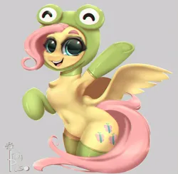 Size: 1000x980 | Tagged: safe, alternate version, artist:inkypuso, derpibooru import, fluttershy, frog, pegasus, pony, animal costume, chest fluff, clothes, costume, cute, evening gloves, female, frog costume, gloves, gray background, hood, image, jpeg, latex, latex gloves, latex stockings, long gloves, mare, open mouth, open smile, shyabetes, simple background, smiling, solo, stockings, thigh highs