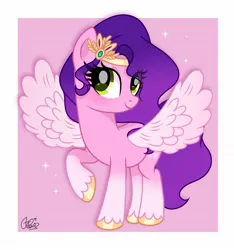 Size: 1080x1155 | Tagged: safe, artist:cstrawberrymilk, derpibooru import, pipp petals, pegasus, pony, eye clipping through hair, female, g4, g5, g5 to g4, generation leap, image, jpeg, raised hoof, smiling, solo, sparkles, spread wings, wings