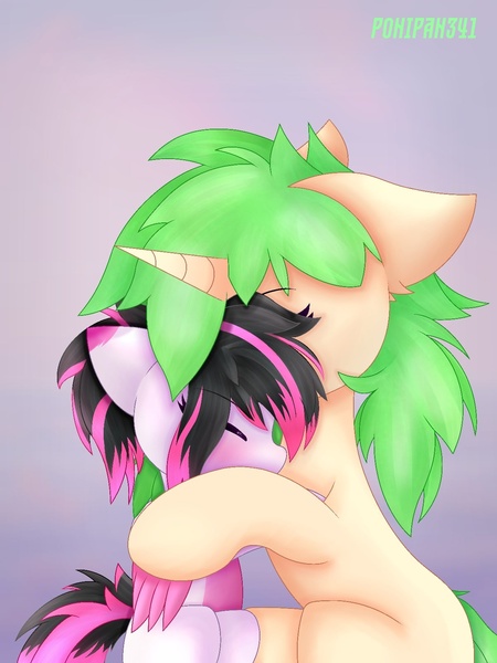 Size: 1200x1600 | Tagged: safe, derpibooru import, oc, oc:c-3301, oc:lunylin, unofficial characters only, pegasus, pony, unicorn, duo, horn, hug, image, jpeg, pegasus oc, simple background, unicorn oc, wings