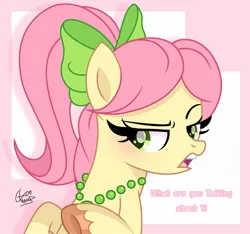 Size: 1154x1080 | Tagged: safe, artist:cstrawberrymilk, derpibooru import, posey (g5), earth pony, pony, bow, bust, dialogue, female, g4, g5, g5 to g4, generation leap, hair bow, image, jewelry, jpeg, mare, necklace, raised eyebrow, solo, talking, text