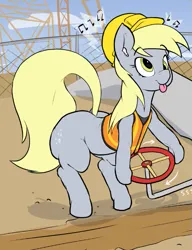 Size: 525x685 | Tagged: safe, artist:parumpi, derpibooru import, derpy hooves, earth pony, pony, :p, bipedal, bipedal leaning, bubble butt, butt, clothes, construction, construction pony, earbuds, fence, hard hat, hat, helmet, image, leaning, music notes, pipe, plank, plot, png, race swap, raised tail, solo, tail, tongue out, turning, valve, wingless, wood