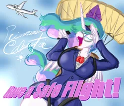 Size: 1536x1321 | Tagged: suggestive, artist:frist44, derpibooru import, princess celestia, anthro, breasts, busty princess celestia, flight attendant, goggles, image, parachute, plane, png, sky, stewardess