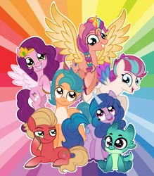 Size: 3217x3673 | Tagged: safe, artist:squipycheetah, derpibooru import, hitch trailblazer, izzy moonbow, pipp petals, sparky sparkeroni, sprout cloverleaf, sunny starscout, zipp storm, alicorn, dragon, earth pony, pegasus, pony, unicorn, baby, baby dragon, cute, female, g5, happy, image, looking at you, male, mane five (g5), mare, multicolored hair, outline, png, rainbow background, raised hoof, sitting, smiling, spread wings, stallion, white outline, wings