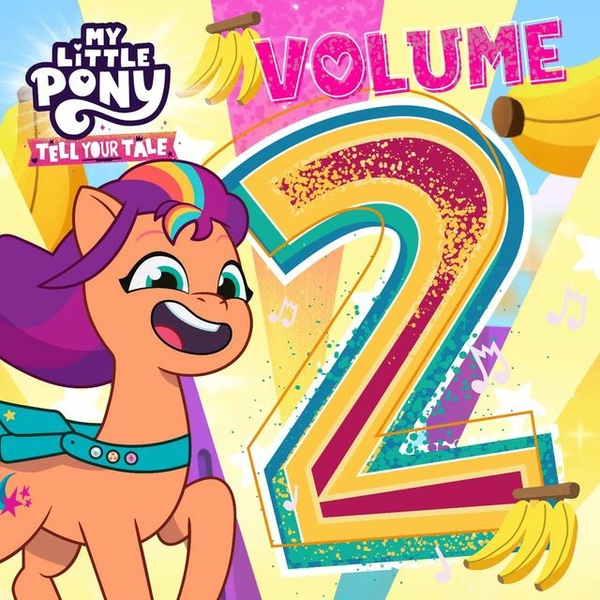 Size: 640x640 | Tagged: safe, derpibooru import, official, sunny starscout, earth pony, pony, my little pony: tell your tale, album, album cover, banana, cute, female, food, g5, image, jpeg, mare, my little pony logo, open mouth, open smile, smiling, solo, sunnybetes, text