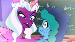 Size: 2220x1248 | Tagged: safe, derpibooru import, screencap, opaline, alicorn, pony, unicorn, g5, my little pony: tell your tale, spoiler:g5, spoiler:my little pony: tell your tale, spoiler:tyts01e29, chalkboard, dragon dad, duo, duo female, female, image, jpeg, mare, misty brightdawn, open mouth, youtube link