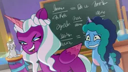 Size: 2220x1248 | Tagged: safe, derpibooru import, screencap, opaline, alicorn, pony, unicorn, g5, my little pony: tell your tale, spoiler:g5, spoiler:my little pony: tell your tale, spoiler:tyts01e29, chalkboard, dragon dad, duo, duo female, female, grin, image, jpeg, mare, misty brightdawn, nervous, nervous grin, open mouth, open smile, smiling, youtube link