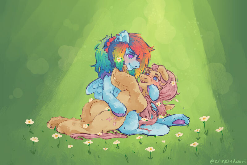 Size: 1280x854 | Tagged: safe, artist:coconutsoupp, derpibooru import, fluttershy, rainbow dash, pegasus, pony, female, flower, flower in hair, flutterdash, holding a pony, image, jpeg, lesbian, looking at each other, looking at someone, mare, shipping